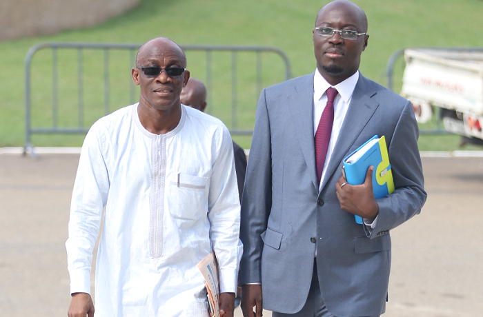  Mr Seth Terkper (left), a former Finance Minister, and Mr Ato Forson arriving at Parliament House yesterday. Picture: EBOW HANSON